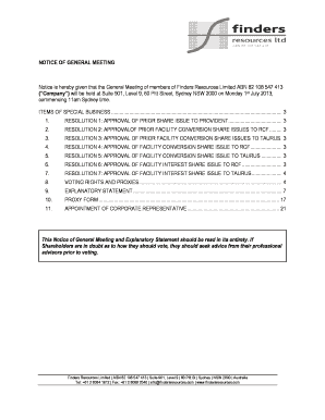 Sample of evaluation - Notice of General Meeting/Proxy Form - Finders Resources Limited