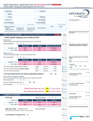 Adult Programme Application Form Very Early Bird 2016