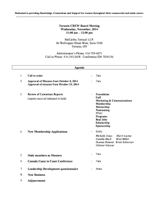 Sample of agenda for board meeting - Toronto CREW Board Meeting Wednesday November 2014 Agenda