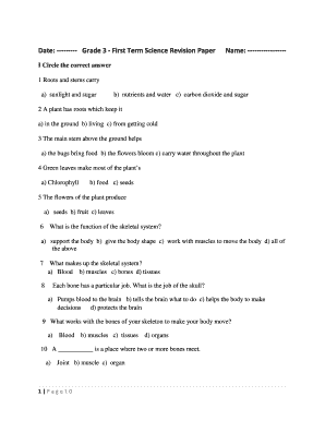 Date --------- Grade 3 - First Term Science Revision