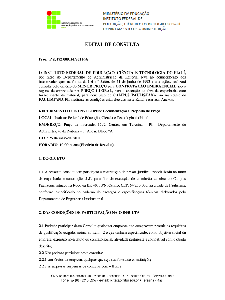 Edital de consulta - Obra de Paulistana - ifpi edu Preview on Page 1