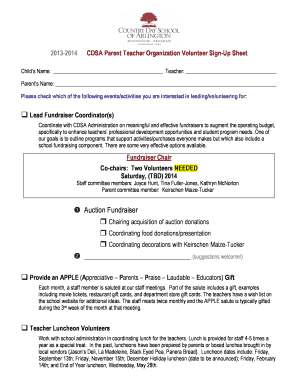 Classroom volunteer sign up sheet - CDSA Parent Teacher Organization Volunteer SignUp Sheet - cdsa