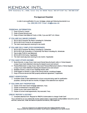 Pre-Approval Checklist PERSONAL INFORMATION IF YOU ARE bWb bb - kendax