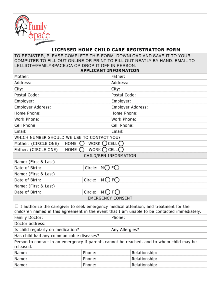 Fillable Online familyspace LICENSED HOME CHILD CARE REGISTRATION FORM