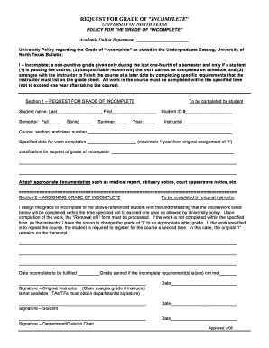 Request for grade of "incomplete" - University of North Texas - philosophy unt