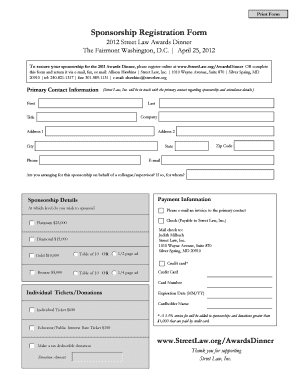 Print Form Sponsorship Registration Form 2012 Street Law Awards Dinner The Fairmont Washington, D - streetlaw