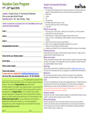 Vacation schedule template - View vacation care booking form - pdf - Star Club