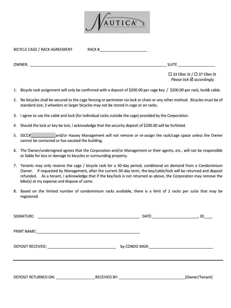 Fillable Online BICYCLE CAGE RACK AGREEMENT RACK OWNER SUITE Nautica