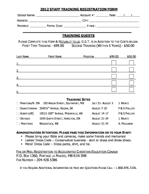 Training sign off sheet template - 2012 STAFF TRAINING REGISTRATION FORM - - acecanada