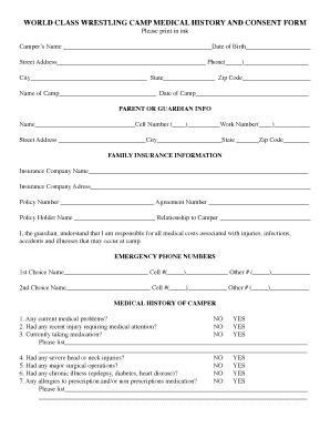 Family health history form pdf - WORLD CLASS WRESTLING CAMP MEDICAL HISTORY AND CONSENT FORM