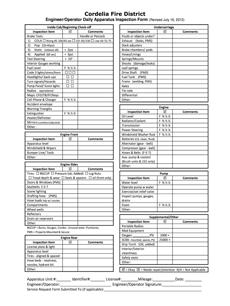 Printable Fire Apparatus Inspection Checklist Fill Online, Printable