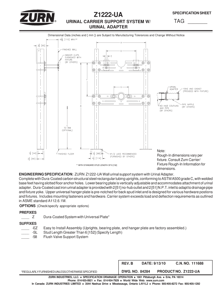 Fillable Online zurn eriepa URINAL CARRIER SUPPORT SYSTEM W URINAL