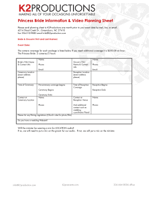 Princess Bride Information amp Video Planning Sheet