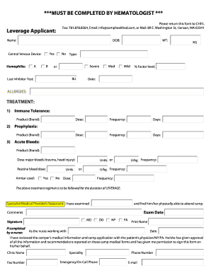 Take over car payments - MUST BE COMPLETED BY HEMATOLOGIST *** Leverage Applicant