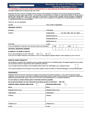 Moordown St John's CE Primary School Teaching Application Form - st-johns bournemouth sch