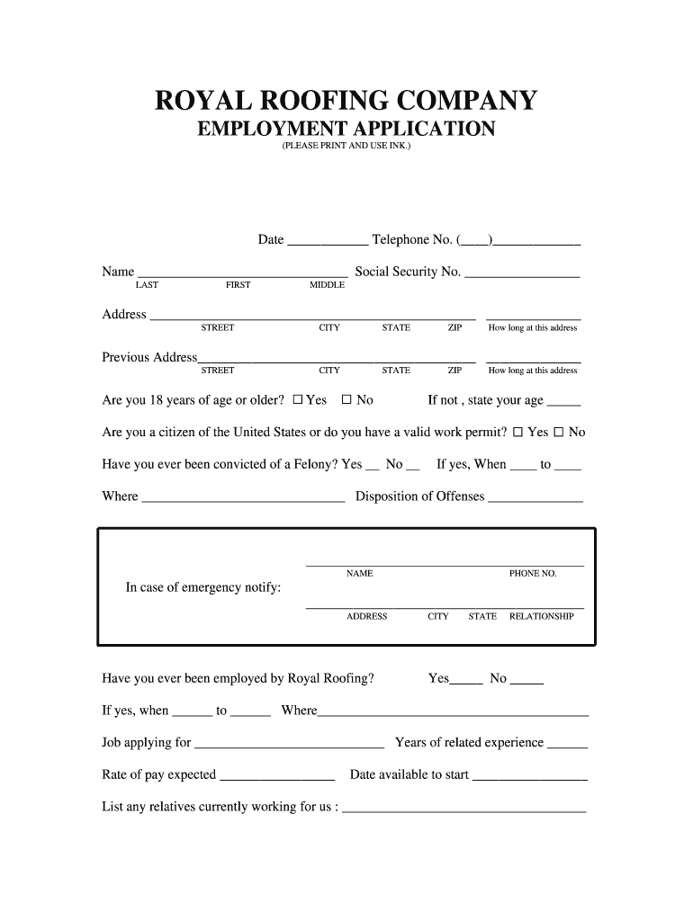 EMPLOYMENT APPLICATION - bRoyalb bRoofingb Company Inc Preview on Page 1