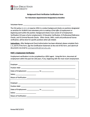 Fillable Online hr sdsu Background Check bVerificationb Certification Form  For Volunteers bb - hr sdsu Fax Email Print - pdfFiller