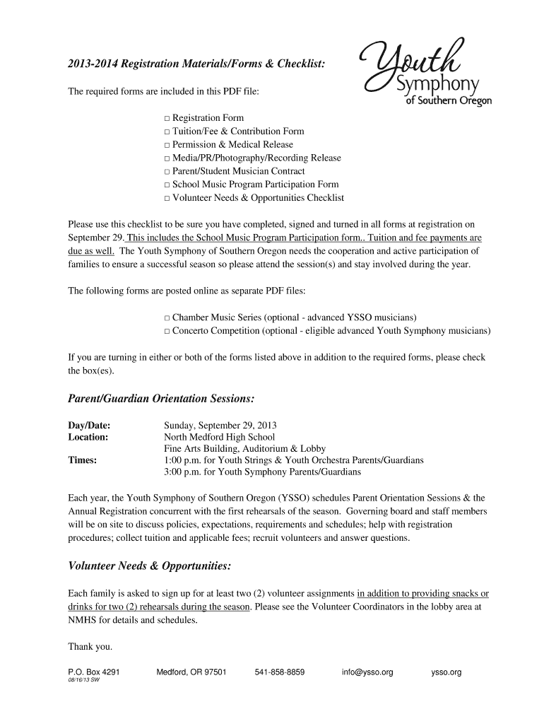 Fillable Online ysso 20132014 Registration MaterialsForms Checklist