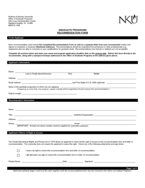 Northern Kentucky University Graduate Program Recommendation Form