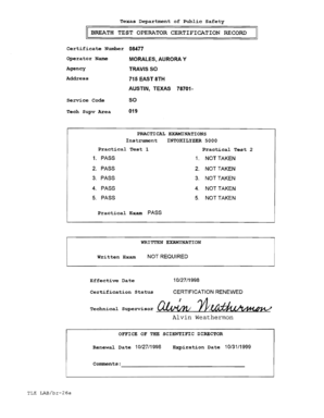 Texas Breath Test Operator Certification Record