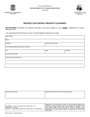 Michigan Central Registry Clearance Request