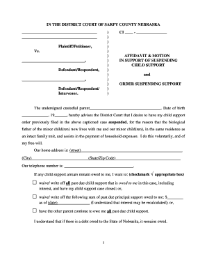 Affidavit to suspend support - Sarpy County Nebraska