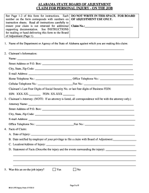 Alabama State Board of Adjustment On The Job Injury Claim Form