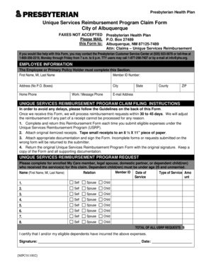 Presbyterian Health Plan Unique Services Reimbursement Form