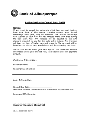 Bank of Albuquerque Auto Debit Cancellation Notice