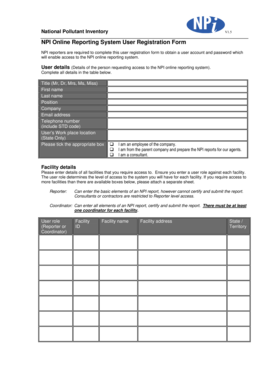NPI Online Reporting System User Registration Form