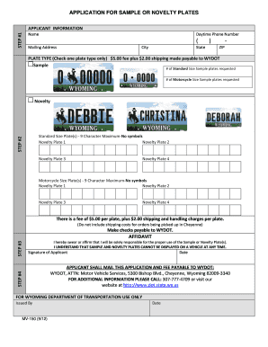 Wyoming Sample or Novelty Plates Application