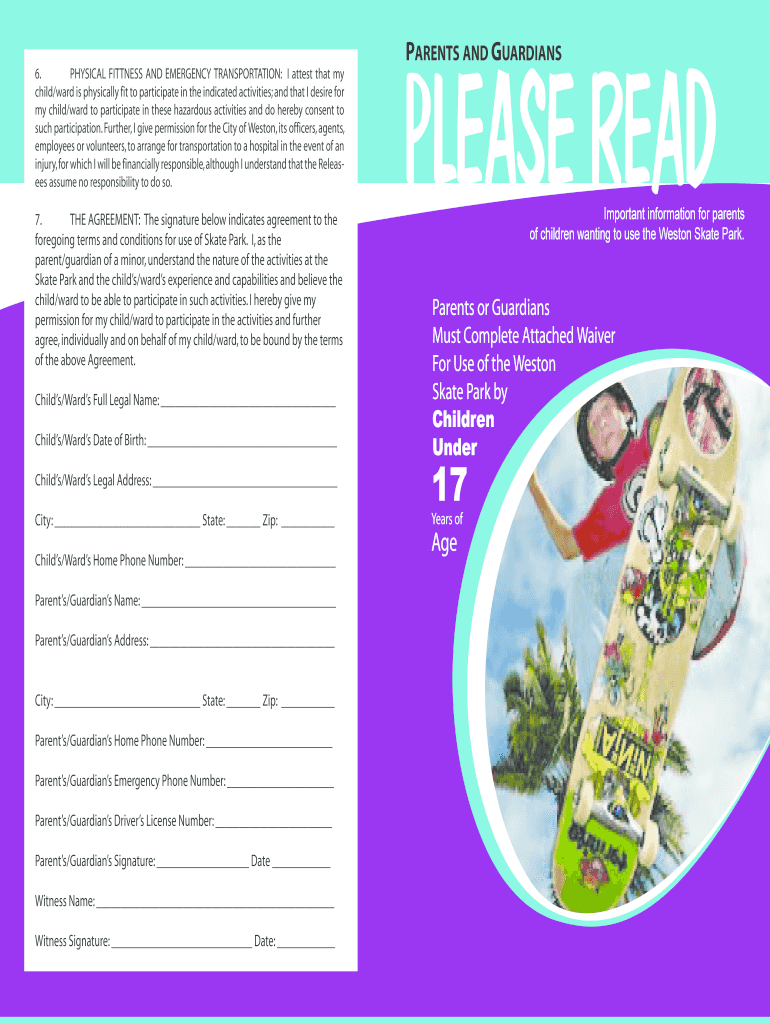 Fillable Online westonfl Skate Park Waiver City of Weston westonfl