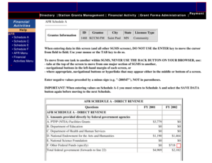 Full project work sample - Directory Station Grants Management Financial Activity Grant Forms Administration Financial Activities Help AFR Schedule A Schedule C Schedule E Schedule F AFR Menu Financial Activities Menu Payment AFR Schedule A Grantee Information ID - -