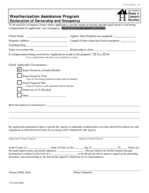 Weatherization Assistance Program Declaration of Ownership and Occupancy