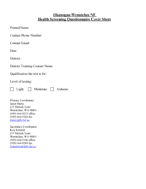 Health Screening Questionnaire Cover Sheet