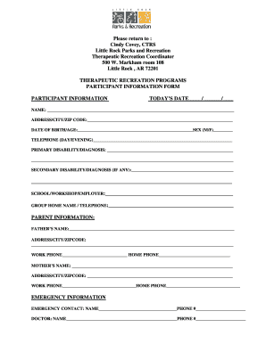 Therapeutic Recreation Program Participant Information Form