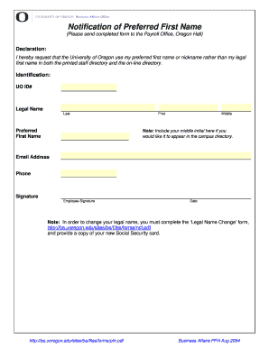 University of Oregon Preferred First Name Form