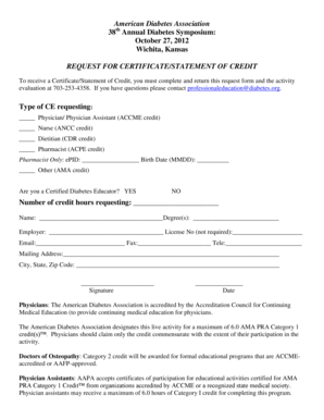 American Diabetes Association CE Credit Request Form
