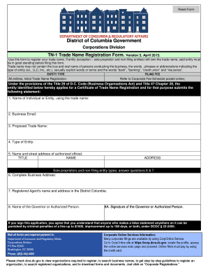 District of Columbia Trade Name Registration Form
