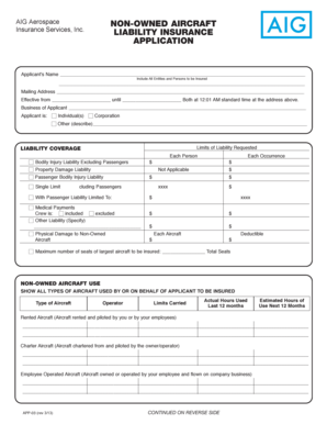 Chartis Aerospace Non-Owned Aircraft Liability Insurance Application