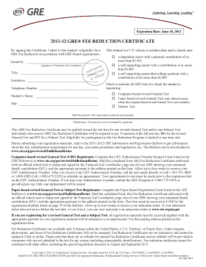 2011-12 GRE Fee Reduction Certificate