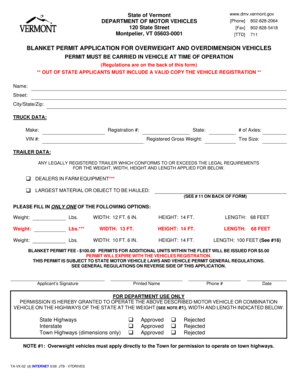 Vermont Blanket Permit Application for Overweight and Overdimension Vehicles