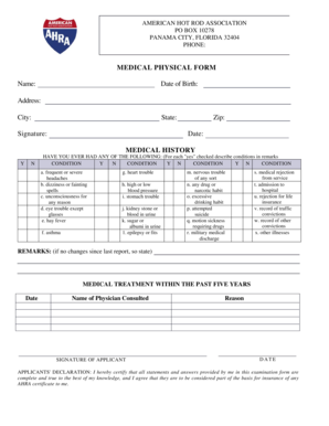 American Hot Rod Association Medical Physical Form