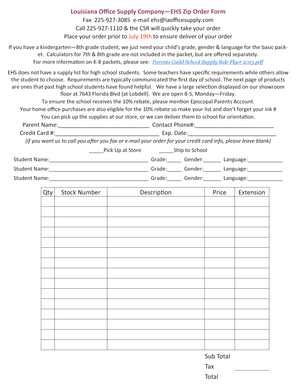 Louisiana Office Supply Company EHS Zip Order Form