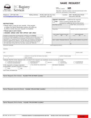 British Columbia Name Approval Request Form