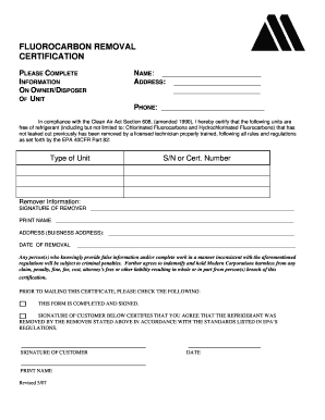 Fluorocarbon Removal Certification