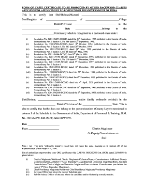 Caste Certificate Form for OBC Applicants