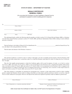 Hawaii Resale Certificate Form G-18