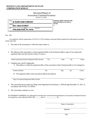Pennsylvania Decennial Report of Association Continued Existence