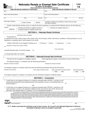 Nebraska Resale or Exempt Sale Certificate